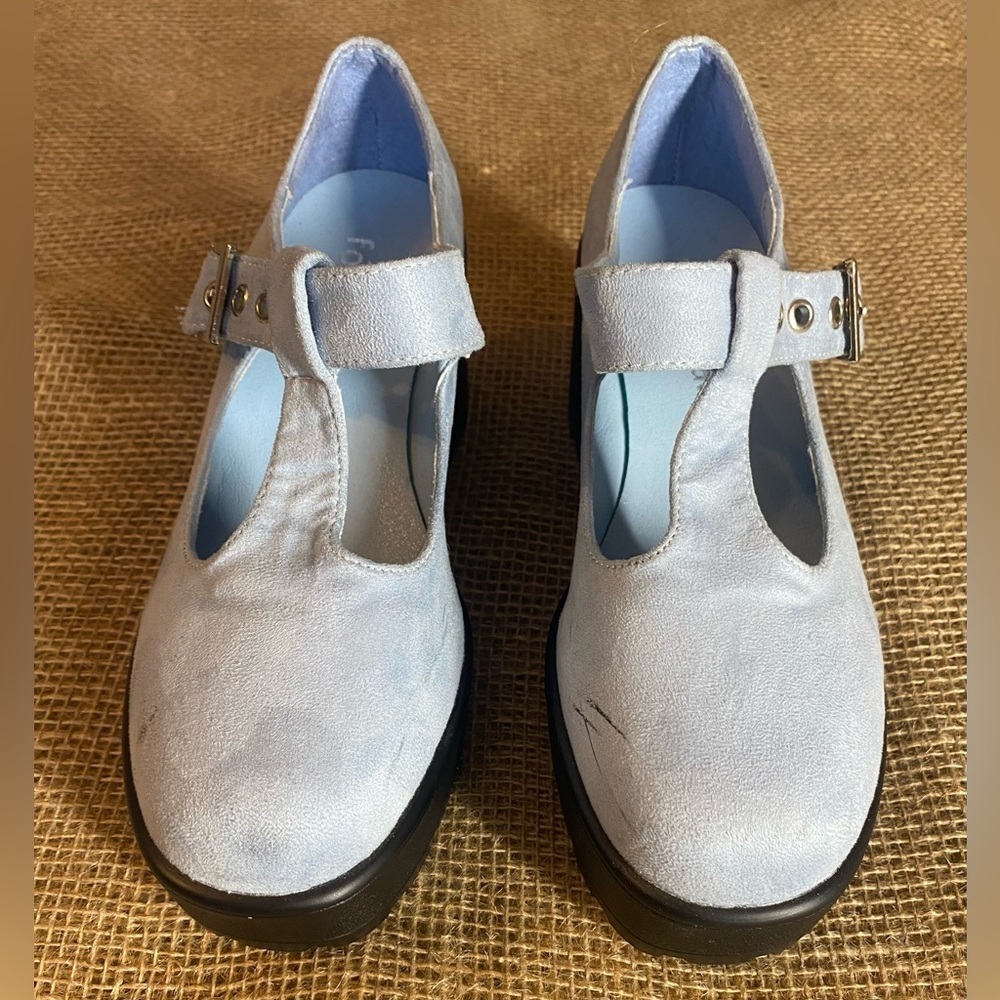 Koi Footwear Light Blue Platform Mary Janes, Size 3/36, Vegan Suede, Buckle